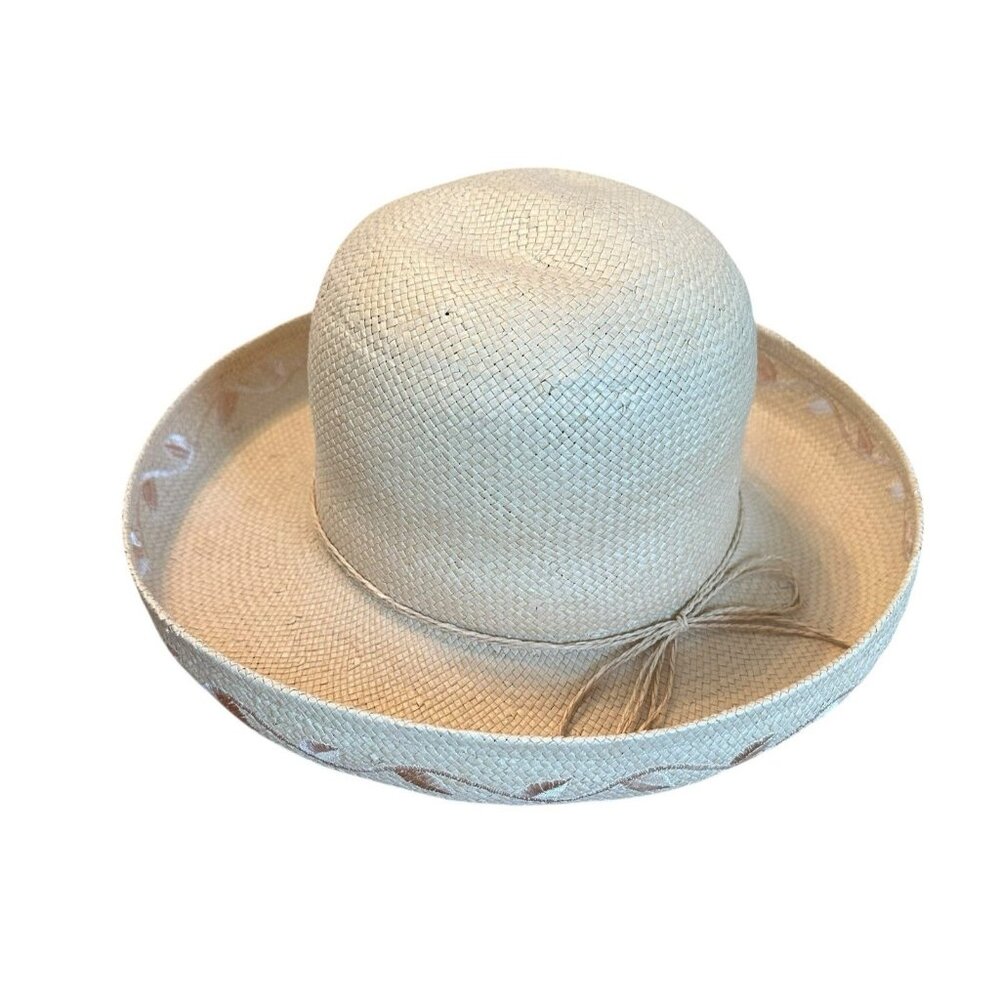 Vintage Women's Straw Sun Hat Wide Brim Embroidered Trim 100% Paper OS Vacation - Picture 5 of 7